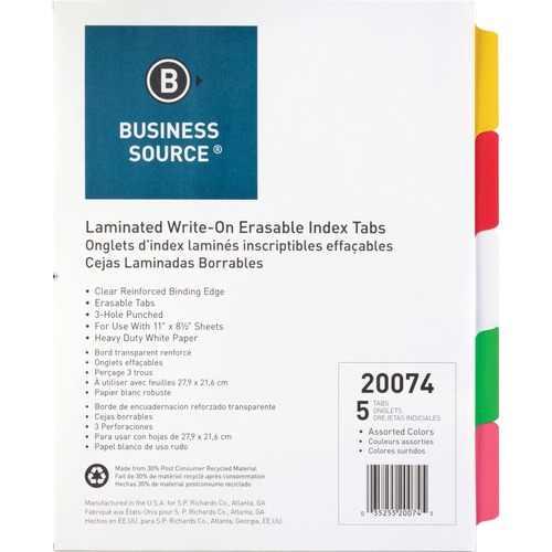Write-on Tab Indexes, 5-Tab, 11"x8-1/2", 5 Tabs/ST, Multi