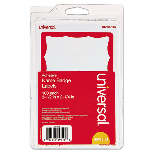 Border-Style Self-Adhesive Name Badges, 3 1/2 X 2 1/4, White/red, 100/pack