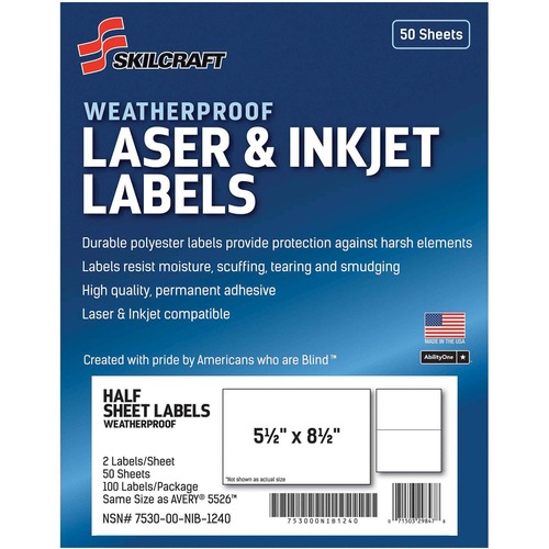 7530016736219 SKILCRAFT WEATHERPROOF MAILING LABELS, LASER PRINTERS, 5.5 X 8.5, WHITE, 2/SHEET, 50 SHEETS/PACK