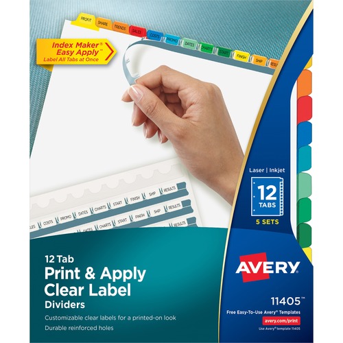 PRINT AND APPLY INDEX MAKER CLEAR LABEL DIVIDERS, 12 COLOR TABS, LETTER, 5 SETS