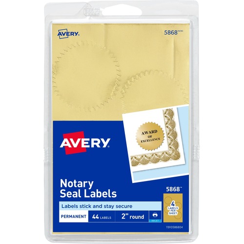 PRINTABLE GOLD FOIL SEALS, 2" DIA., GOLD, 4/SHEET, 11 SHEETS/PACK
