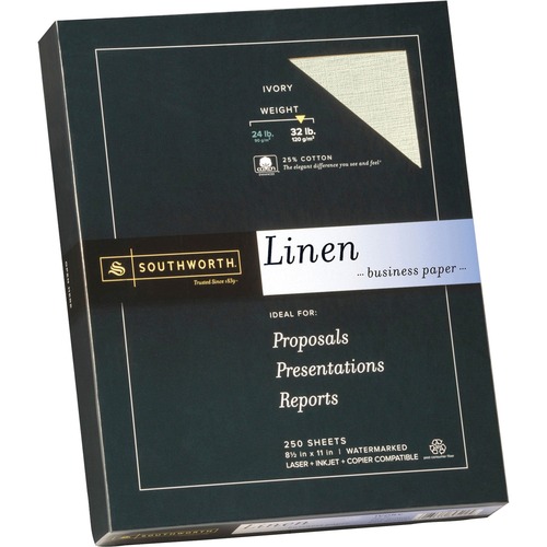 25(percent) Cotton Linen Business Paper, 32lb, 8 1/2 X 11, Ivory, 250 Sheets
