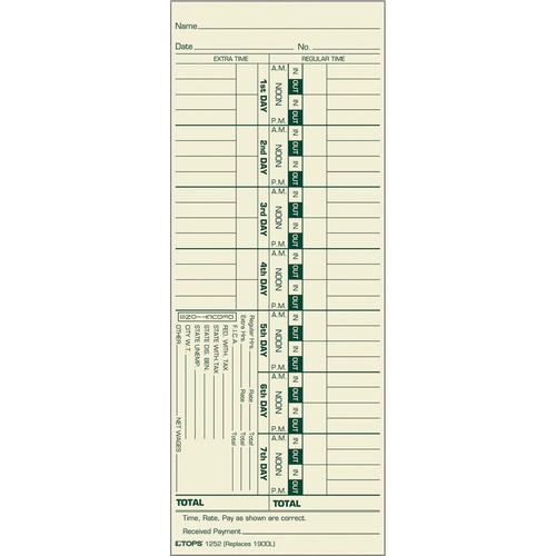 Time Card For Acroprint And Lathem, Weekly, 3 1/2 X 9, 500/box