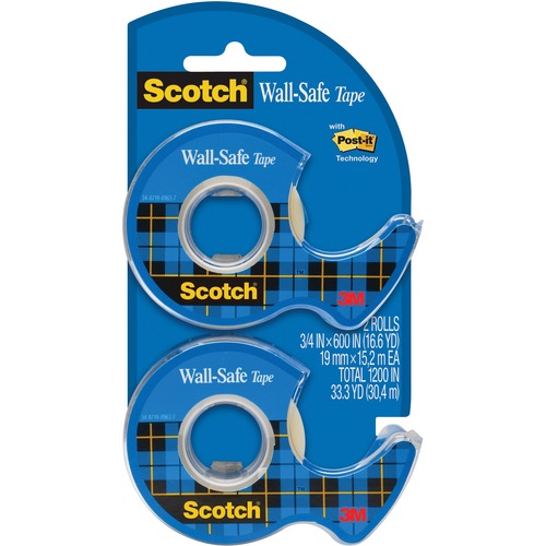 Tape Roll w/Dispenser, Wall-safe, 3/4"x800", 2 RLS/PK, CL