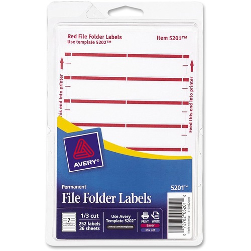 PERMANENT FILE FOLDER LABELS, 11/16 X 3 7/16, WHITE/DARK RED BAR, 252/PACK