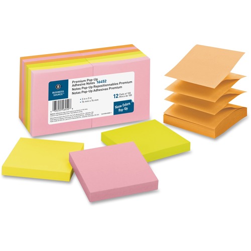 Pop-up Adhesive Note Pads,3"x3",100 Sh,12/PK, AST Neon