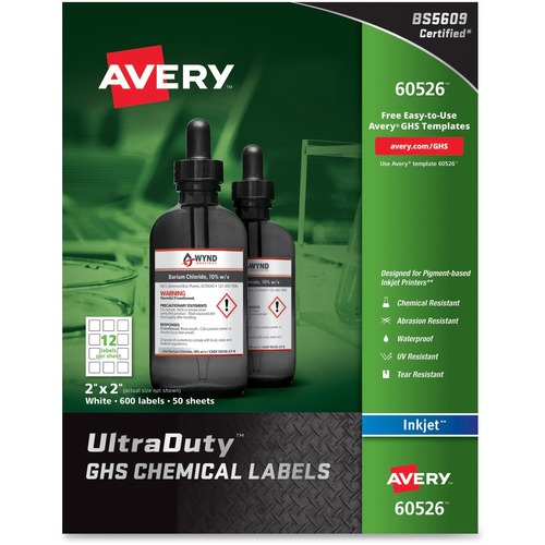 GHS CHEMICAL WATERPROOF & UV RESISTENT LABELS, INKJET, 2 X 2, 600/PACK