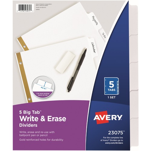 WRITE & ERASE BIG TAB PAPER DIVIDERS, 5-TAB, WHITE, LETTER