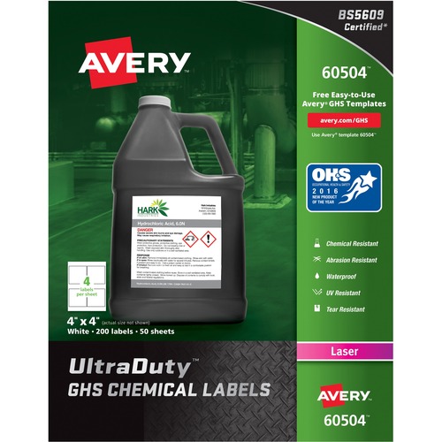 GHS CHEMICAL WATERPROOF & UV RESISTENT LABELS, LASER, 4 X 4, 200/BOX