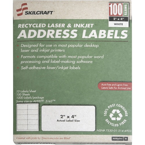 7530015144904, RECYCLED LASER/INKJET ADDRESS LABELS, 1 X 2 5/8, 3000/BOX