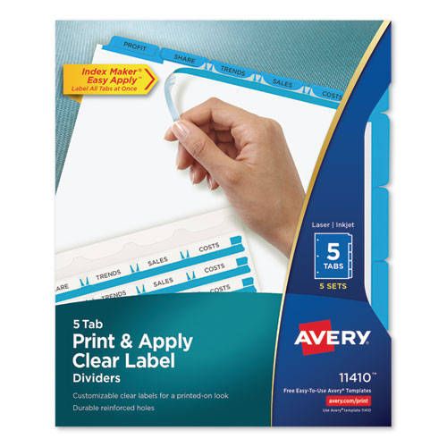 PRINT AND APPLY INDEX MAKER CLEAR LABEL DIVIDERS, 5 COLOR TABS, LETTER, 5 SETS