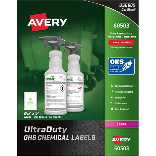 GHS CHEMICAL WATERPROOF & UV RESISTENT LABELS, LASER, 3.5 X 5, 200/BOX