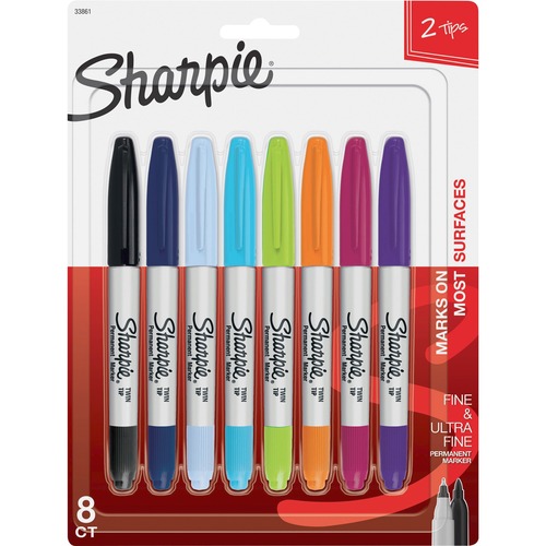 TWIN-TIP PERMANENT MARKER, FINE/ULTRA-FINE BULLET TIPS, ASSORTED, 8/SET
