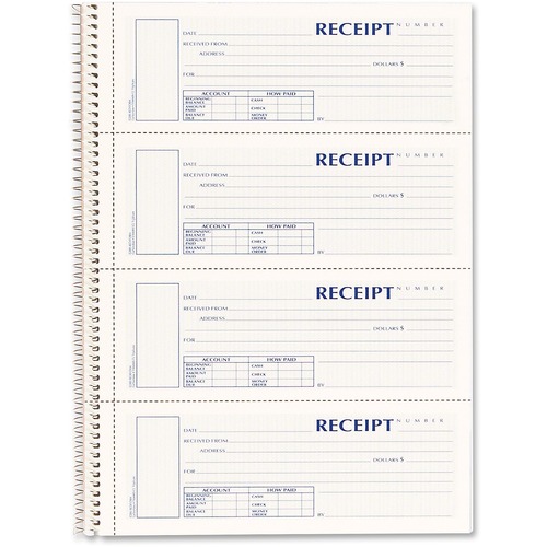 Spiralbound Unnumbered Money Receipt Book, 7 X 2 3/4, Three-Part, 120 Sets/book