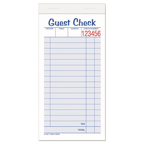 Guest Check Unit Set, Carbonless Duplicate, 6 7/8 X 3 3/8, 50 Forms, 10/pack