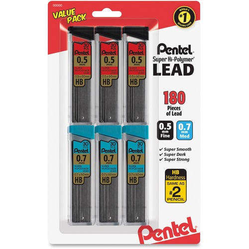 Super Hi-Polymer Lead Refills, 0.5mm, 0.7mm, Hb, Black, 30/tube, 6 Tubes/pack