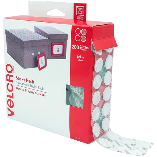STICKY BACK HOOK & LOOP FASTENERS, 3/4" DIA. COINS, WHITE, 200/BX