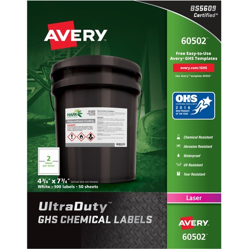 GHS CHEMICAL WATERPROOF & UV RESISTENT LABELS, LASER, 4.75 X 7.75,100/BOX