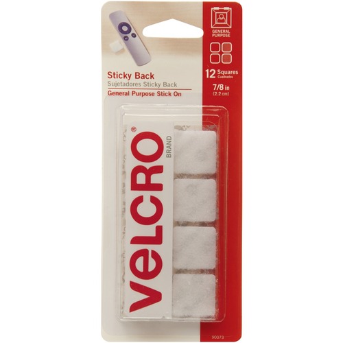 STICKY-BACK HOOK & LOOP FASTENERS, 7/8" SQ., WHITE, 12/PACK