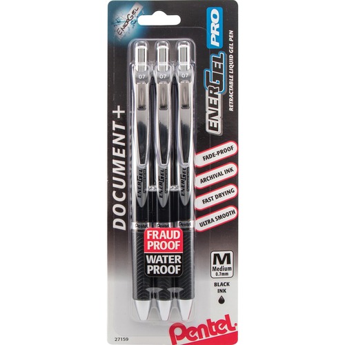 Energel Pro Pigment Gel Pen, 0.7 Mm, Black Barrel/ink, 3/pk
