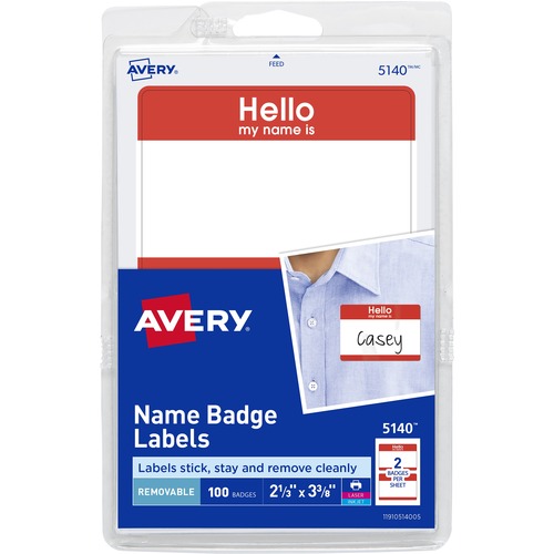 Name Badge Labels,"Hello"/Name,2-1/3"x3-3/8",100/PK,Red