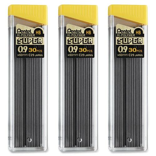 Super Hi-Polymer Lead Refills, 0.9mm, Hb, Black, 30/tube, 3 Tubes/pack