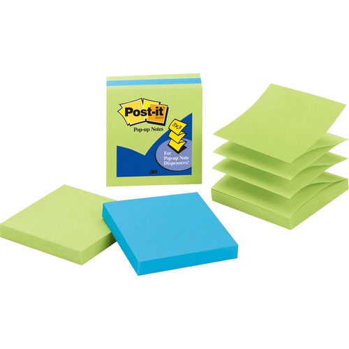 Pop-Up Notes, 3"x3", 100Shts, 3/PK, Limeade/Elec. Blue