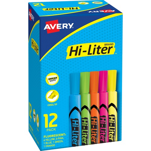 HI-LITER DESK-STYLE HIGHLIGHTER, CHISEL TIP, ASSORTED COLORS, 12/SET