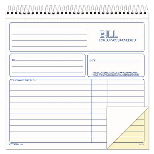 Spiralbound Service Invoices, 8 1/2 X 7-3/4, Two-Part Carbonless, 50 Sets/book