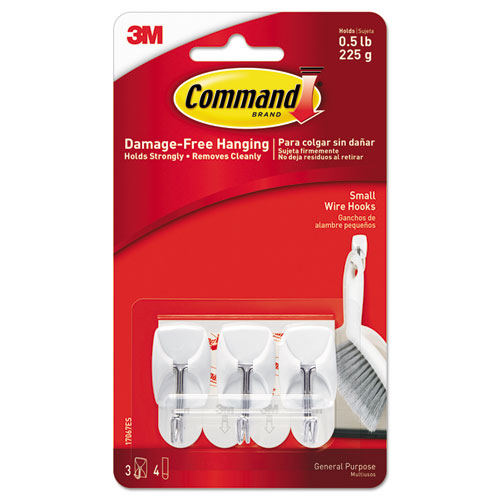 General Purpose Wire Hooks, Small, 0.5lb Cap, White, 3 Hooks & 6 Strips/pack