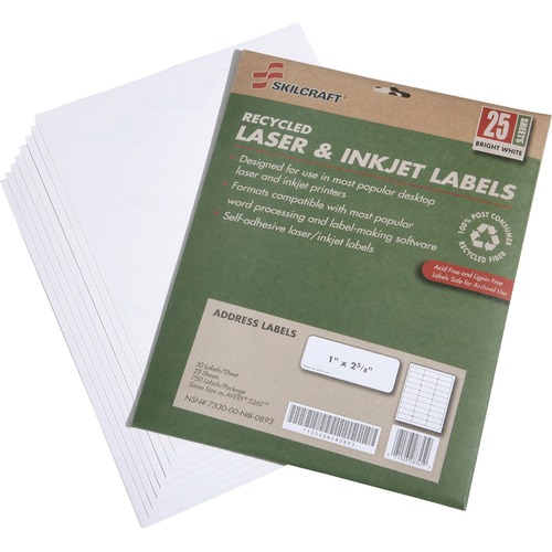 7530015789292, RECYCLED LASER/INKJET ADDRESS LABELS, 1 X 2 5/8, WHITE, 750/PACK