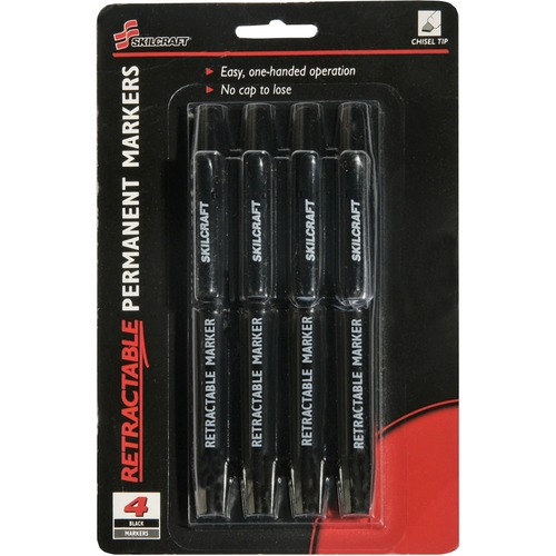 7520015550297, RETRACTABLE PERMANENT MARKER, CHISEL POINT, BLACK, 4/SET