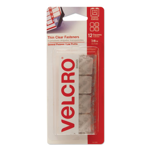 STICKY-BACK HOOK & LOOP FASTENERS, 7/8" SQ., CLEAR, 12/PACK