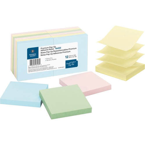 Pop-up Adhesive Note Pads,3"x3",100 Sh,12/PK, AST Pastel