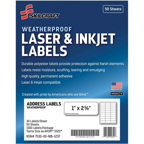 7530-01-673-6516 SKILCRAFT WEATHERPROOF MAILING LABELS, LASER, 50 LABELS