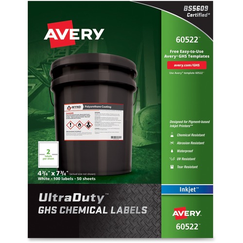 GHS CHEMICAL WATERPROOF & UV RESISTENT LABELS, INKJET, 4.75 X 7.75, 100/PACK