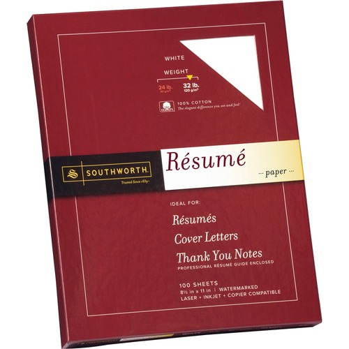 100(percent) COTTON RESUME PAPER, 95 BRIGHT, 32 LB, 8.5 X 11, WHITE, 100/PACK