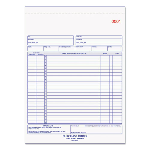 Purchase Order Book, 8 1/2 X 11, Letter, Three-Part Carbonless, 50 Sets/book