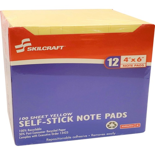 7530012858355, SELF-STICK NOTE PADS, 4" X 6", UNRULED, YELLOW, 100 SHEETS, 1/DZ