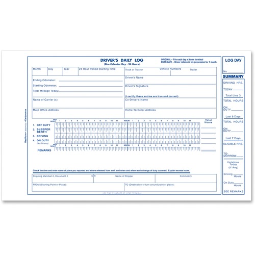 Driver's Daily Log, 8 3/4 X 5 3/8, Carbonless Duplicate, 31 Sets/book