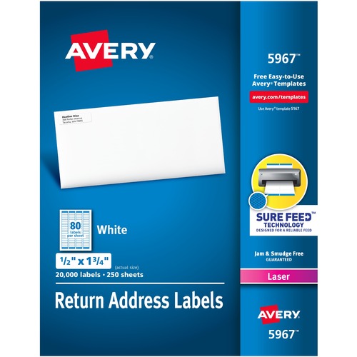 WHITE ADDRESS LABELS W/ SURE FEED TECHNOLOGY FOR LASER PRINTERS, LASER PRINTERS, 0.5 X 1.75, WHITE, 80/SHEET, 250 SHEETS/BOX