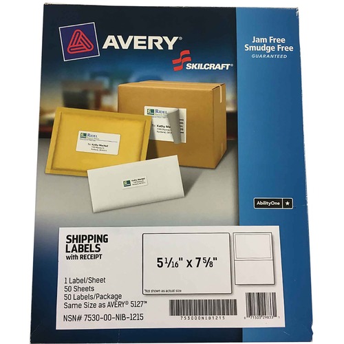 7530-01-673-6511 SKILCRAFT SHIPPING LABEL WITH PAPER RECEIPT, 1500 LABELS