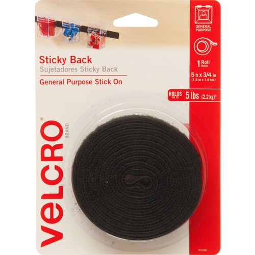 STICKY-BACK HOOK & LOOP FASTENERS W/DISPENSER, 3/4" X 5FT ROLL, BLACK