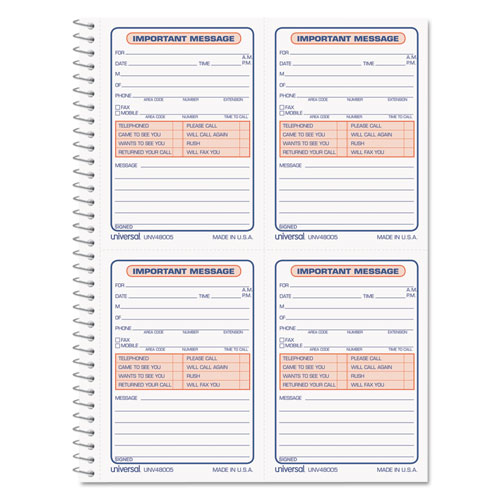 Wirebound Message Books, 5 1/2 X 3 3/16, Two-Part Carbonless, 200-Set Book