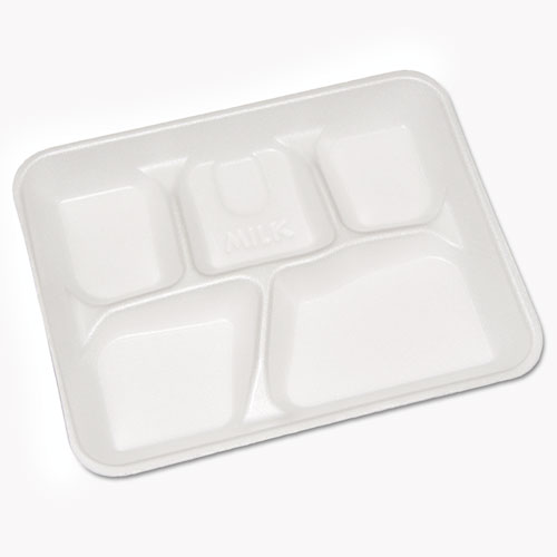 Lightweight Foam School Trays, White, 5-Compartment, 8 1/4 X 10 1/2, 500/carton