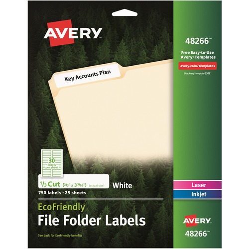 ECOFRIENDLY PERMANENT FILE FOLDER LABELS, 0.66 X 3.44, WHITE, 30/SHEET, 25 SHEETS/PACK