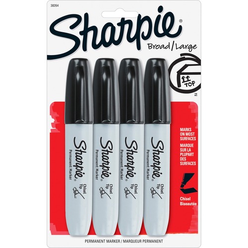 Permanent Markers, 5.3mm Chisel Tip, Black, 4/pack