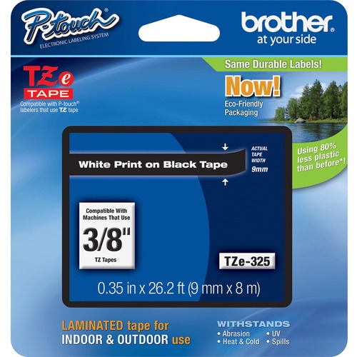 Tze Standard Adhesive Laminated Labeling Tape, 3/8"w, White On Black