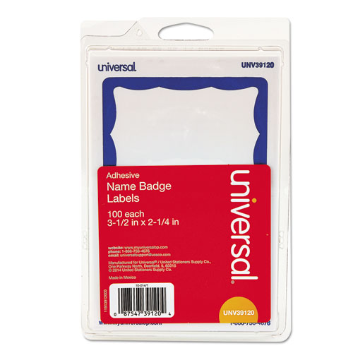 Border-Style Self-Adhesive Name Badges, 3 1/2 X 2 1/4, White/blue, 100/pack
