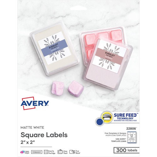 SQUARE LABELS WITH SURE FEED AND TRUEBLOCK, 2 X 2, WHITE, 300/PACK